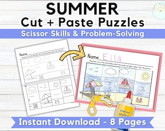 Summer Cut + Paste Puzzle Scissor Skill Preschool Worksheets For Kids Pre K Worksheets Summer Break Cutting Printable for Kindergarten PreK