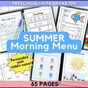May include: A set of educational worksheets for preschool and kindergarten children. The "Summer Morning Menu" features activities like tracing letters, counting, and drawing. The worksheets are designed to be personalised with a child's name and include 65 pages.