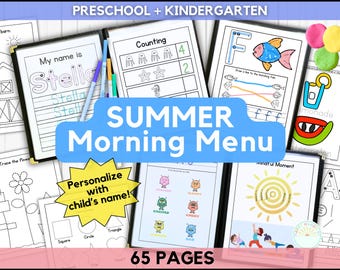 Summer Morning Menu Custom Name Tracing Letters & Handwriting Practice Kindergarten Morning Menu Secular Nature Summer Break Preschool Menu