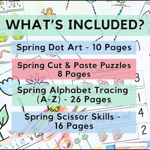 Puede incluir: Un conjunto de actividades educativas con tem&aacute;tica de primavera. La imagen muestra una lista de actividades incluidas: Spring Dot Art (10 p&aacute;ginas), rompecabezas para cortar y pegar (8 p&aacute;ginas), trazo del alfabeto (26 p&aacute;ginas) y habilidades con tijeras (16 p&aacute;ginas). El texto "WHAT'S INCLUDED?" est&aacute; en la parte superior.
