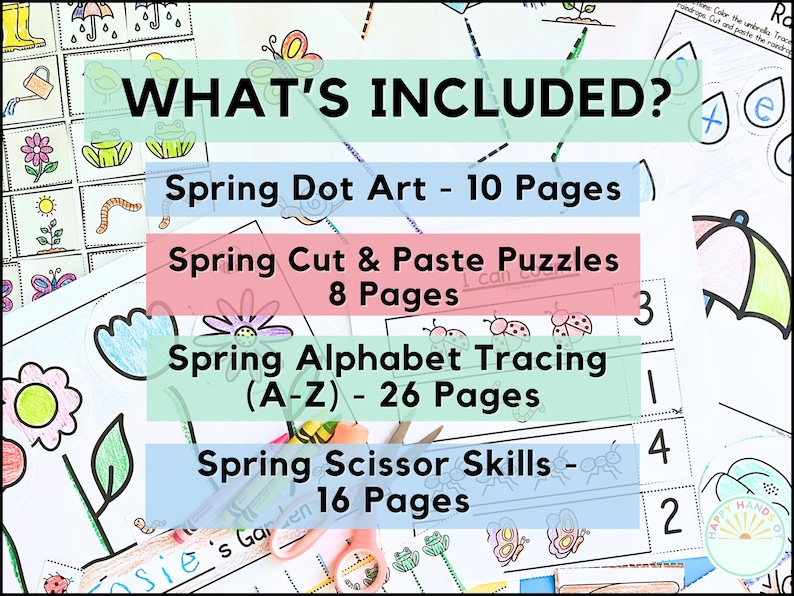 Puede incluir: Un conjunto de actividades educativas con tem&aacute;tica de primavera. La imagen muestra una lista de actividades incluidas: Spring Dot Art (10 p&aacute;ginas), rompecabezas para cortar y pegar (8 p&aacute;ginas), trazo del alfabeto (26 p&aacute;ginas) y habilidades con tijeras (16 p&aacute;ginas). El texto "WHAT'S INCLUDED?" est&aacute; en la parte superior.