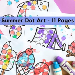 Puede incluir: Summer Dot Art - 11 Pages. Colecci&oacute;n de p&aacute;ginas de arte de puntos con ilustraciones tem&aacute;ticas de verano. Las im&aacute;genes incluyen un pez, helado, una tienda de campa&ntilde;a y una fogata. Las p&aacute;ginas est&aacute;n dise&ntilde;adas para usar con rotuladores de puntos, con varios colores para rellenar los c&iacute;rculos.
