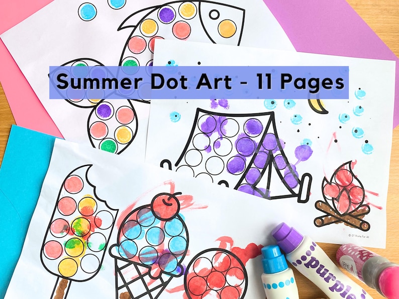 Puede incluir: Summer Dot Art - 11 Pages. Colecci&oacute;n de p&aacute;ginas de arte de puntos con ilustraciones tem&aacute;ticas de verano. Las im&aacute;genes incluyen un pez, helado, una tienda de campa&ntilde;a y una fogata. Las p&aacute;ginas est&aacute;n dise&ntilde;adas para usar con rotuladores de puntos, con varios colores para rellenar los c&iacute;rculos.