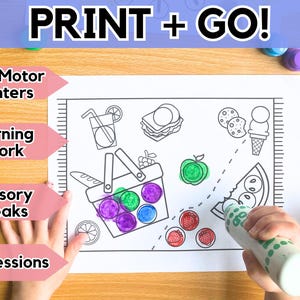 Puede incluir: Un dibujo lineal en blanco y negro de alimentos, incluyendo un s&aacute;ndwich, un cono de helado y una pizza, con el texto "PRINT + GO!". El dibujo se est&aacute; coloreando con un rotulador verde y blanco. El texto a la izquierda dice "Fine Motor Centers", "Morning Work", "Sensory Breaks" y "OT Sessions".