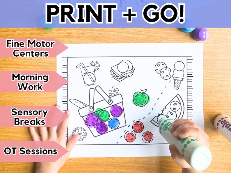 Puede incluir: Un dibujo lineal en blanco y negro de alimentos, incluyendo un s&aacute;ndwich, un cono de helado y una pizza, con el texto "PRINT + GO!". El dibujo se est&aacute; coloreando con un rotulador verde y blanco. El texto a la izquierda dice "Fine Motor Centers", "Morning Work", "Sensory Breaks" y "OT Sessions".