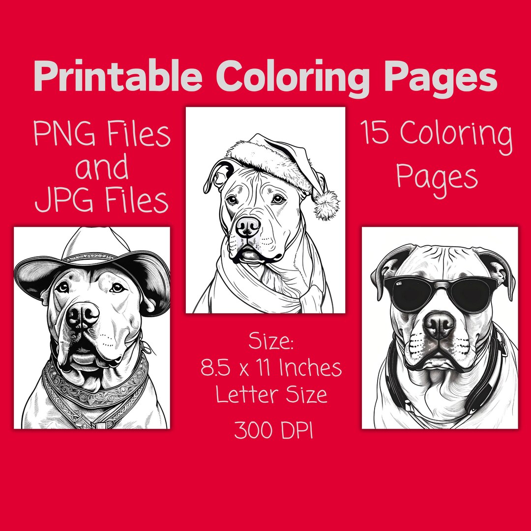 Pitbull Dog Coloring Pages, Printable Sheets Bundle Canine Lover, Dog Mom Gift, Santas Hat ...