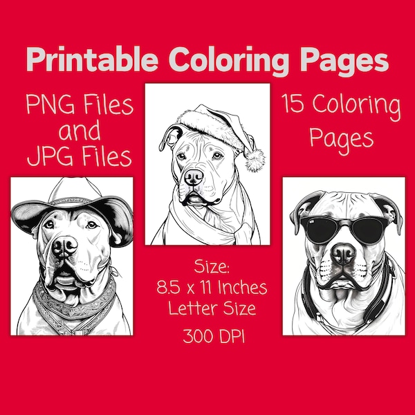 Pitbull Dog Coloring Pages, Printable Sheets Bundle Canine Lover, Dog Mom Gift, Santa’s Hat, Cowboy Hat, Sunglasses, Birthday Party Theme