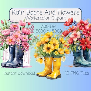 Watercolor Rain Boot With Flower Clipart 10 PNG Files 300 DPI Spring Floral Digital Download Printable Floral Wellies DIY Craft Spring Decor