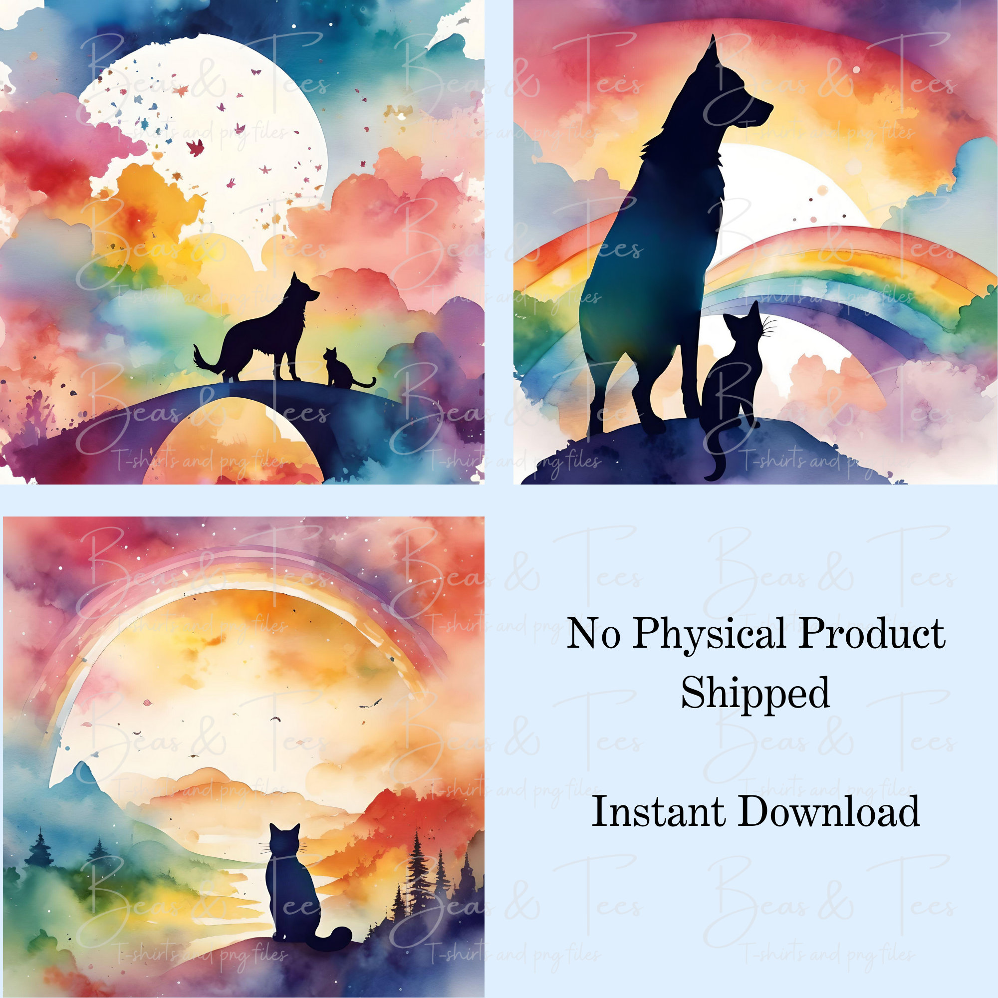 Rainbow Bridge Dog Cat Silhouette Clipart Watercolor Pet Loss Memorial ...