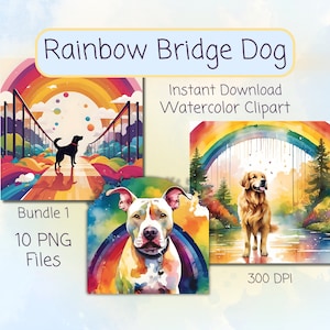 Clipart aquarelle de chien pont arc-en-ciel Art commémoratif pour animaux de compagnie en téléchargement numérique Illustrations de chien PNG hommage perte d'animal de compagnie carte de sympathie pour animal de compagnie ciel
