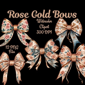 Puede incluir: Doce ilustraciones de acuarela de lazos de oro rosa con motivos florales. Los lazos están en varias posiciones y tienen una estética vintage. El texto "Rose Gold Bows" y "Watercolor Clipart 300 DPI" está incluido en la imagen.