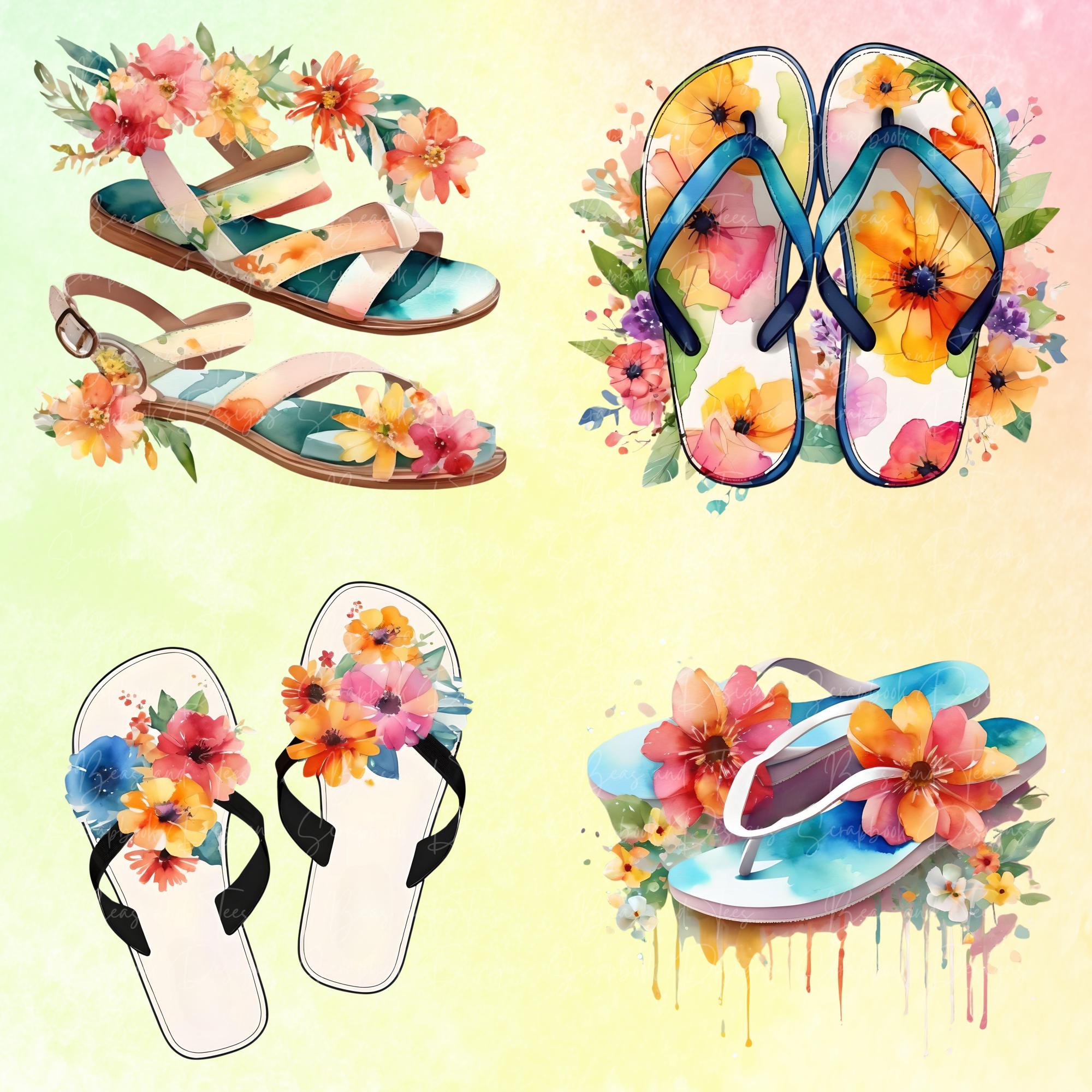 Floral Flip Flops Watercolor Clipart Summer Sandals PNG 10 Files 300 ...