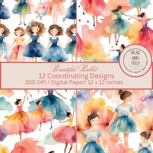 Beautiful Ballet Digital Paper Pack 12 Watercolor Ballerina Patterns 12x12 Scrapbook Paper Kids Ballet Party Decor Craft Supplies Tutu Paper