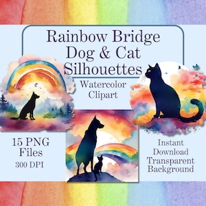 Pont arc-en-ciel Silhouette de chien et de chat Clipart Aquarelle Perte d'animaux de compagnie Mémorial En mémoire du paradis des chiens Toile de fond Carte de sympathie numérique pour animaux de compagnie Paradis des chats