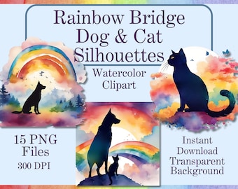 Rainbow Bridge Dog Cat Silhouette Clipart Watercolor Pet Loss Memorial In Memory Of Dog Heaven Backdrop Digital Pet Sympathy Card Cat Heaven