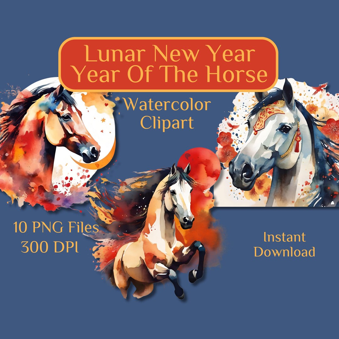 Year of the Horse Watercolor Clipart Lunar New Year Chinese Zodiac PNG ...