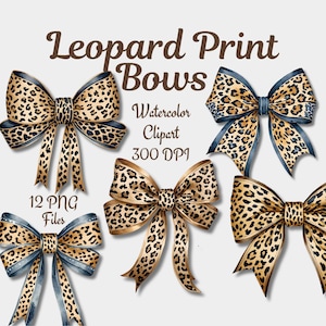 May include: Watercolor clipart of leopard print bows in various styles. The bows feature a tan and black leopard print pattern with accents of gold and navy blue. Text reads "Leopard Print Bows" and "Watercolor Clipart 300 DPI".