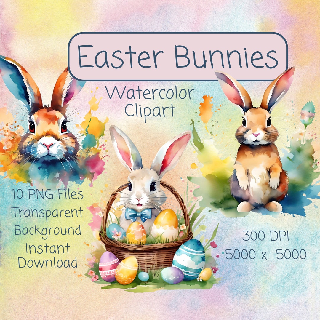 Easter Bunny Clipart Bundle, Printable Watercolor Rabbit, Transparent ...