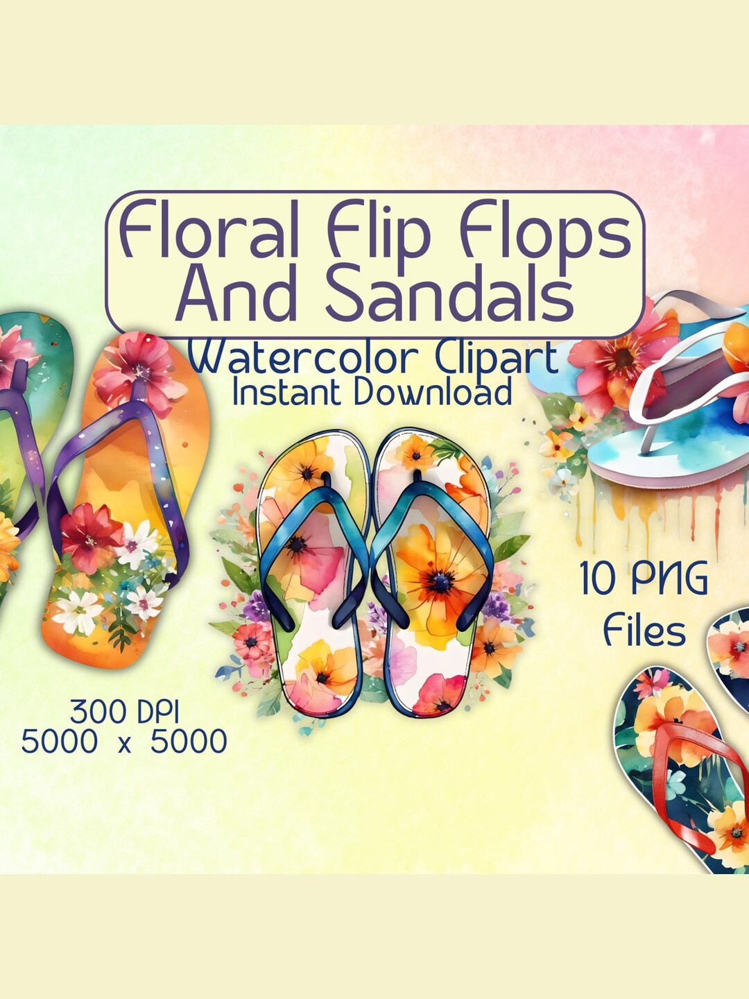 Floral Flip Flops Watercolor Clipart Summer Sandals PNG 10 Files 300 ...