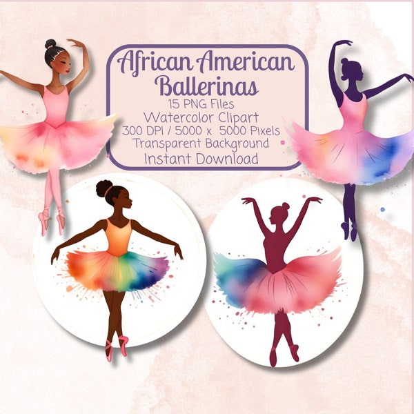 African American Ballerina Clipart Bundle, Printable Watercolor Ballet Dancer, Transparent Background PNG, Commercial Use, Dance Tutu