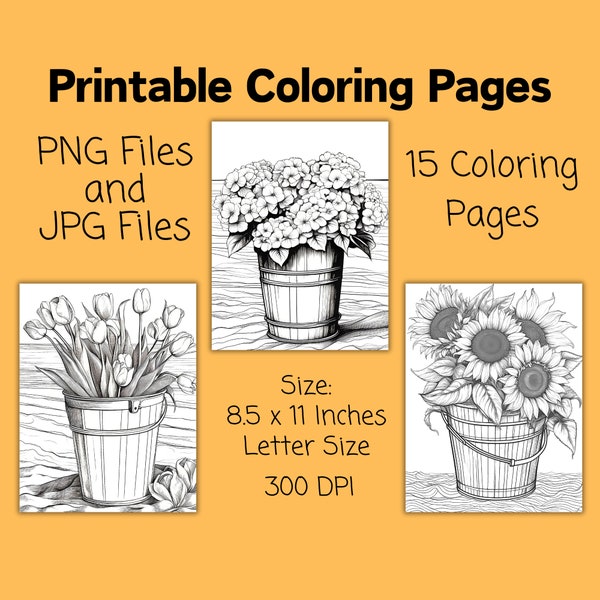 Spring Flower Bucket Coloring Pages, Printable Bundle  Floral Pail, Tulip Iris Hydrangea Peony Daffodil Sunflower Hyacinth Daisy Pansy Sheet