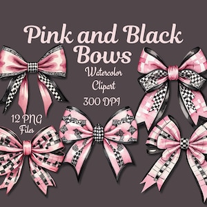 Pink and Black Bow Clipart Watercolor Pink & Black Check Coquette Bow Pink Black Ribbon Digital Art Bow DIY Craft Bows Digital Scrapbooking