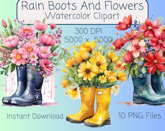 Watercolor Rain Boot With Flower Clipart 10 PNG Files 300 DPI Spring Floral Digital Download Printable Floral Wellies DIY Craft Spring Decor