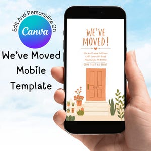編集可能な引っ越しお知らせテンプレート デジタルダウンロード 新しい住所カード Canva カスタマイズ可能なモバイルデザイン 新築祝い招待状