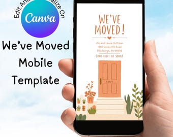 編集可能な引っ越しお知らせテンプレート デジタルダウンロード 新しい住所カード Canva カスタマイズ可能なモバイルデザイン 新築祝い招待状