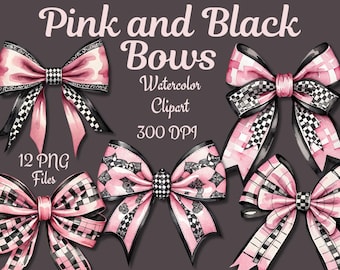 Pink and Black Bow Clipart Watercolor Pink & Black Check Coquette Bow Pink Black Ribbon Digital Art Bow DIY Craft Bows Digital Scrapbooking
