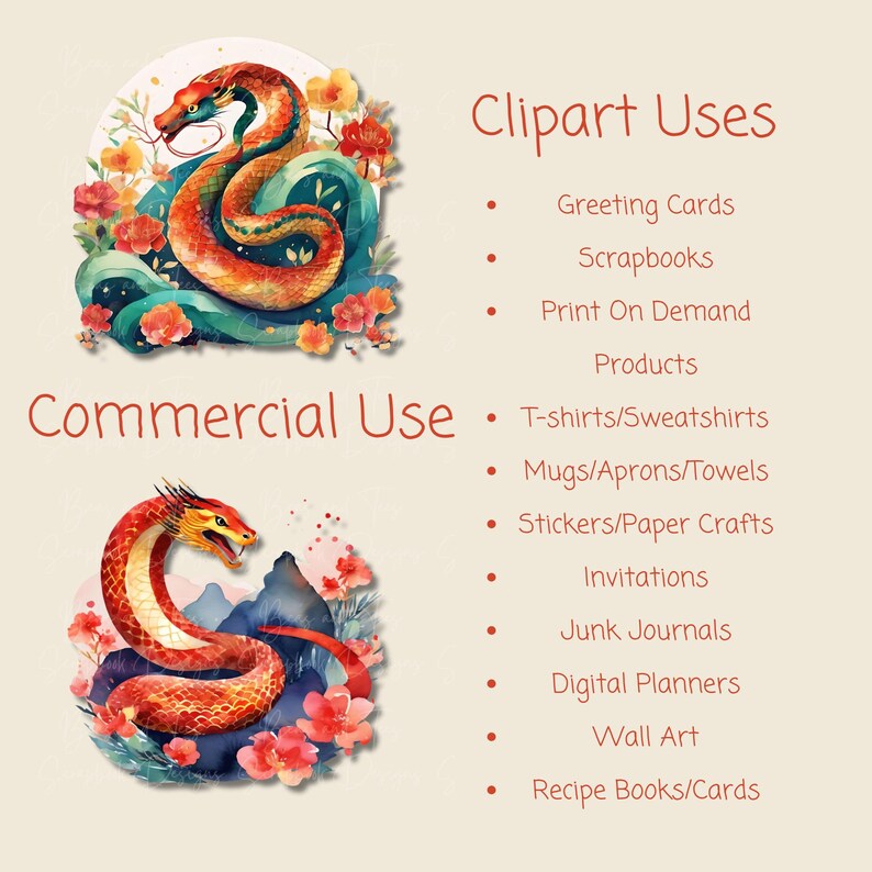 Lunar New Year Year of the Snake Watercolor Clipart Printable 2025