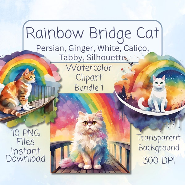 Rainbow Bridge Cat Clipart Bundle, Pet Loss Memorial, Transparent Background PNG, In Memory Of  Persian Tabby White Ginger, Heaven Angel