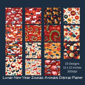 Lunar New Year Zodiac Animals Digital Paper Pack 12x12 300 DPI Chinese New Year Scrapbook Paper Zodiac Animal Asian Patterns Festive Crafts