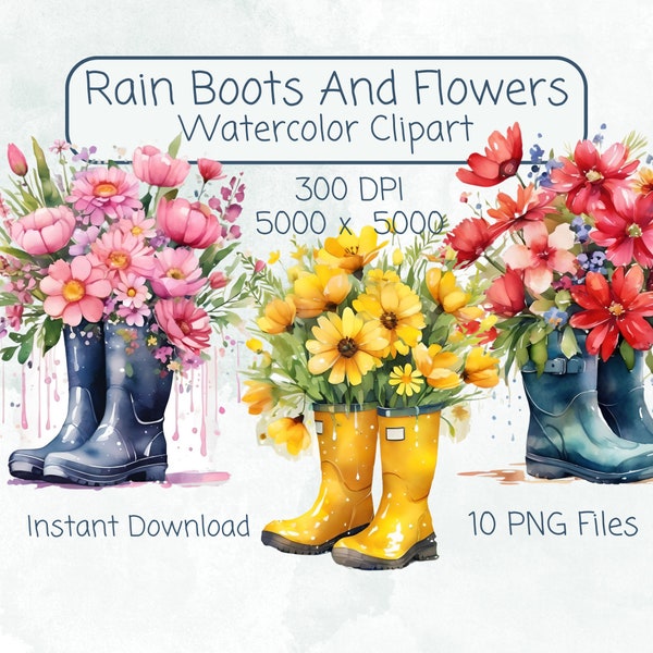 Spring Flower Rain Boot Clipart Bundle, Printable Watercolor Floral Wellies, Transparent Background PNG, Commercial Use, Daisy Tulip