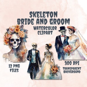 Skeleton Bride & Groom Clipart Printable Watercolor Gothic Wedding Halloween Invitation Day Of The Dead Art 12 PNG Files 300 DPI Transparent