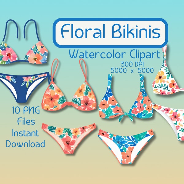 Floral Bikini Clipart Bundle, Printable Watercolor Flower Hawaiian Luau Two Piece, Summer Sand Swimsuit, Caribbean Beach Swimwear Fashion