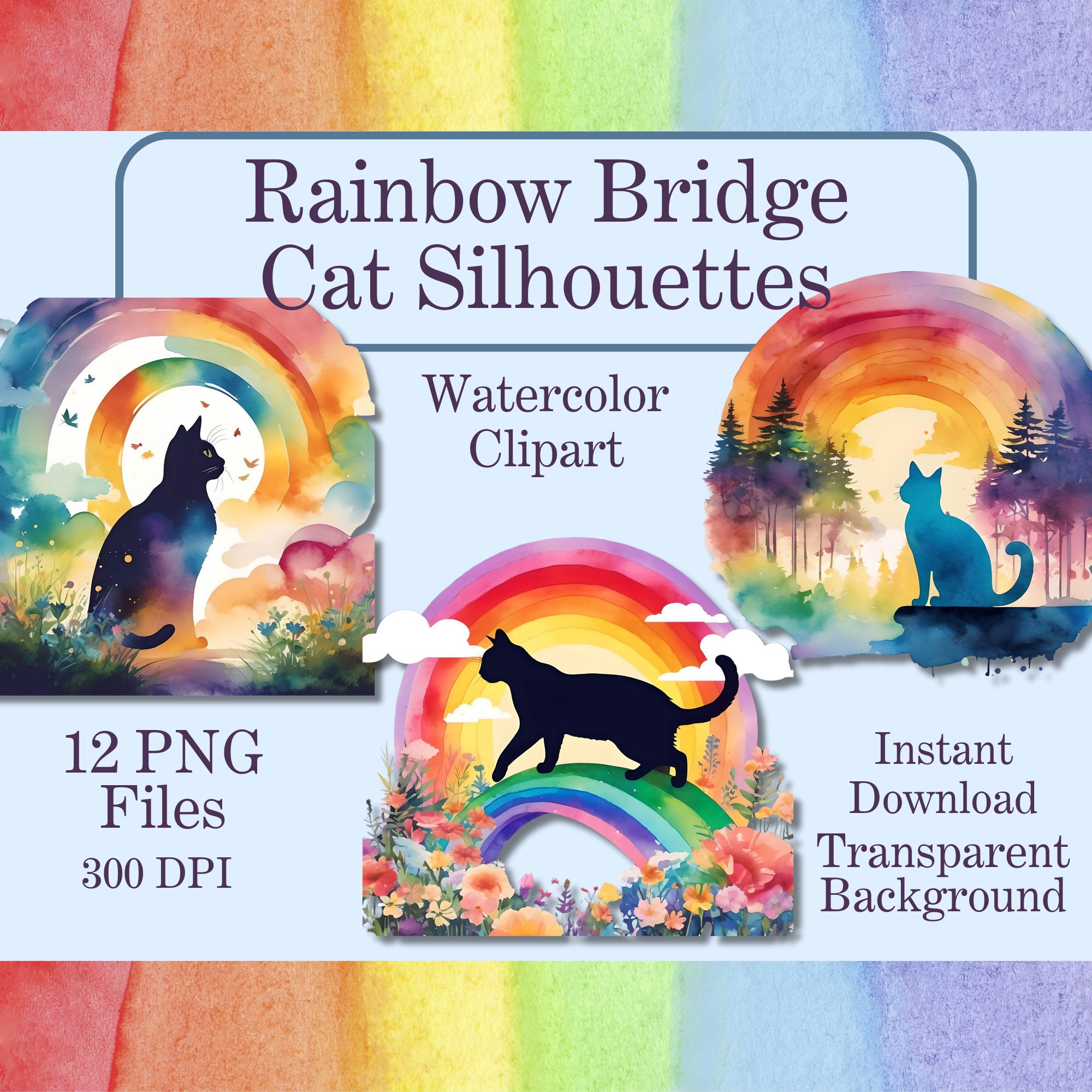Rainbow Bridge kat silhouet clipart aquarel huisdier verlies gedenkteken ter nagedachtenis aan katachtige PNG huisdier herinnering huisdier condoleance kaart DIY Craft