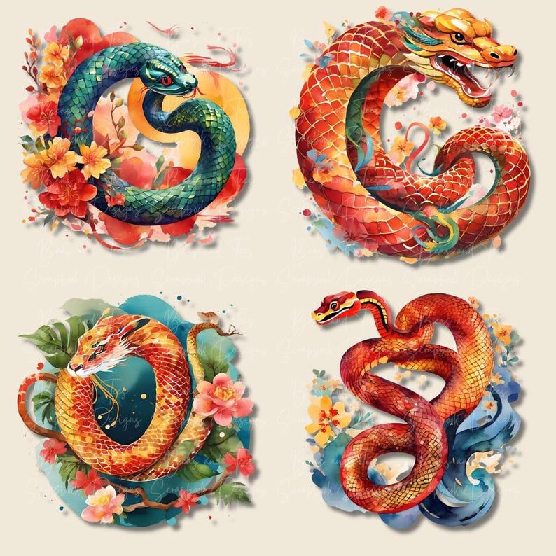Lunar New Year Year of the Snake Watercolor Clipart Printable 2025
