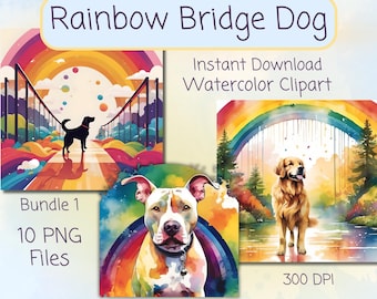 Rainbow Bridge Dog Watercolor Clipart Pet Memorial Art Digital Download Dog Illustrations PNG Pet Loss Tribute Pet Sympathy Card Heaven