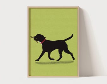 Ilustración de un perro negro juguetón: arte mural minimalista retro para amantes de los perros