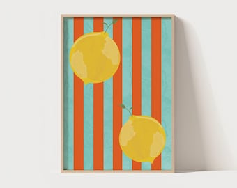 Zitrone Wand Kunst - Retro Minimalistische Obst Illustration, Sommer Küchen Dekor