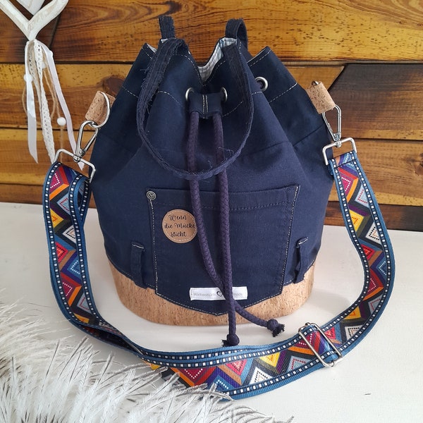 Umhängetasche mit Ösen und Kordel, Beuteltasche, Bucket Bag, Tragetasche, Cross Body, dunkelblau