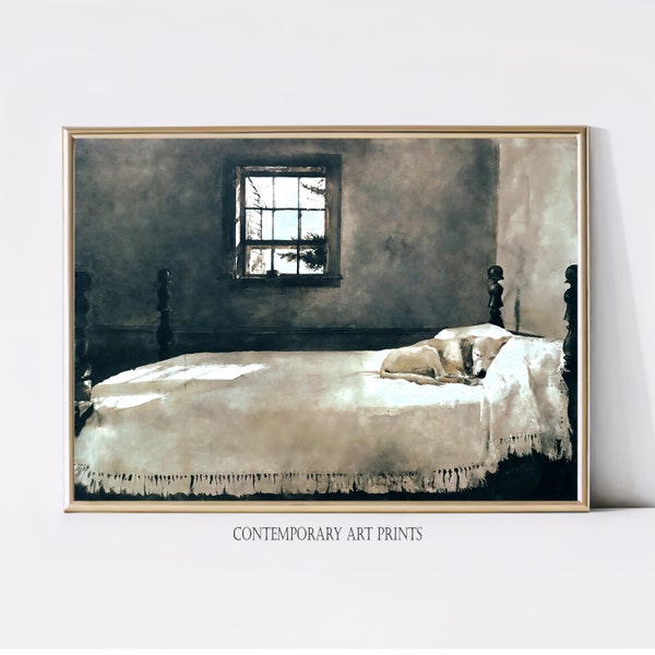 Master Bedroom Andrew Wyeth Dog Sleeping in Bed Giclee Print Poster Watercolor Painting Vintage Victorian Wall Art Decor