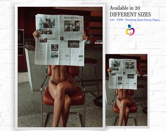 Naked Woman Reading Newspaper Vintage Retro Photo Fashion Bedroom Kitchen Art Coffee Shop Decor Photography Poster