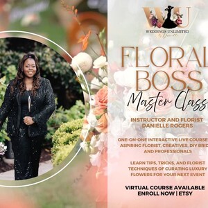 May include: An advertisement for a floral design master class. The image features a woman in a black sequined outfit holding a bouquet. Text on the right side reads "Floral Boss Master Class" and details about the course.