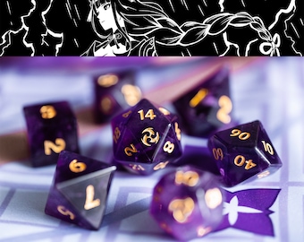 Juego de dados de gemas de amatista de Genshin para D&D con estuche personalizado
