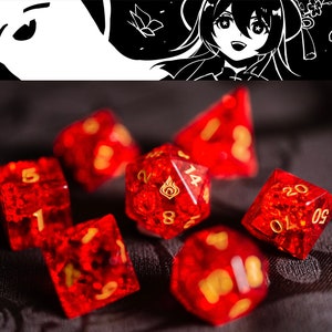Genshin Blasted Gemstone-tärningsset för D&D med specialdesignat Hutao-fodral