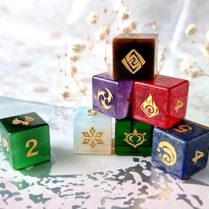 Bundle of 7 gemstone d6 - Each with a different Material and Element from Genshin Impact
