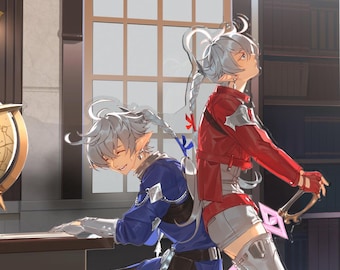 May include: Two anime characters with silver hair. One is wearing a blue and white outfit and the other is wearing a red jacket and white pants.