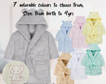 Personalised Baby Dressing Gown, Elephant Embroidered Plush Fleece Robe, Hooded with Cute Ears ~